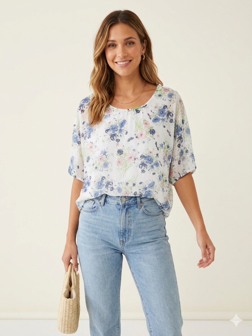 Made in Italy Silk Blend Floral Chiffon Top Short Sleeve Blouse Size M